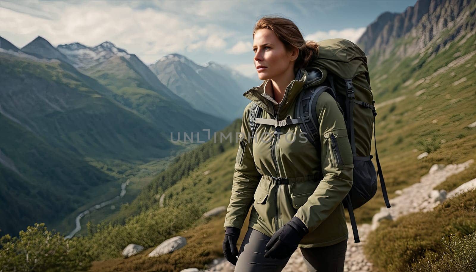 A woman is hiking up a mountain with a backpack on her back. She is wearing a green jacket and gloves. Concept of adventure and determination as the woman prepares to conquer the mountain