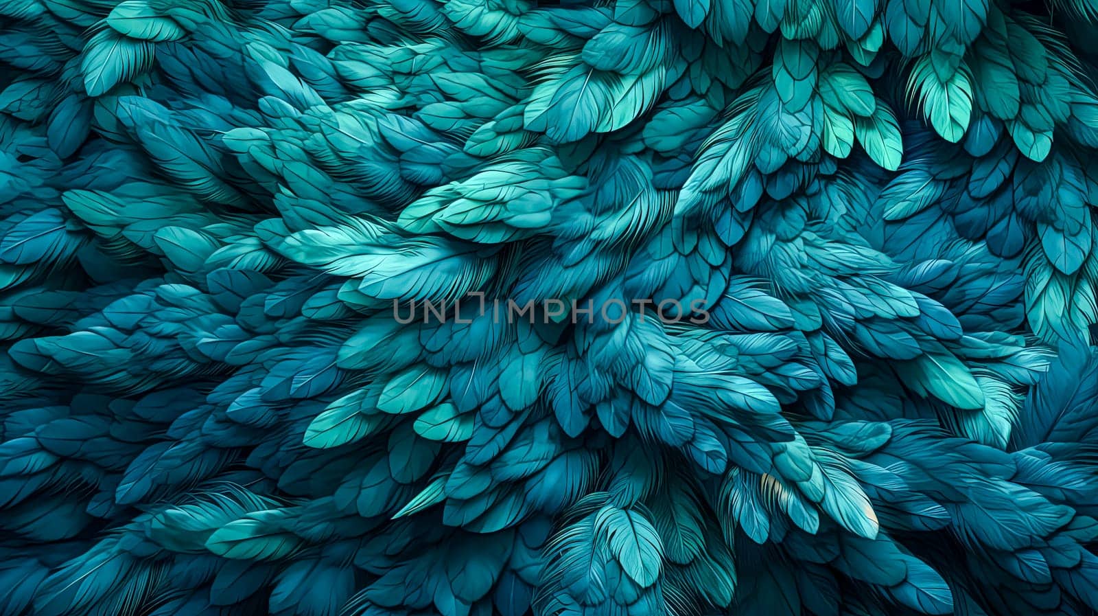 A blue and green feathery background with a lot of feathers. The feathers are all different sizes and colors