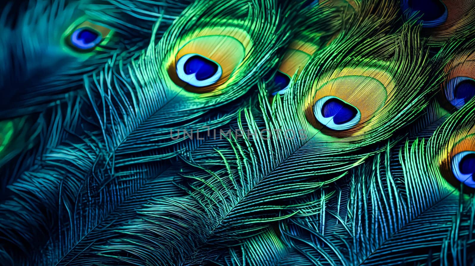A close up of a group of peacock feathers, with their vibrant colors and intricate patterns. The feathers are arranged in a way that highlights their beauty and uniqueness, creating a sense of awe