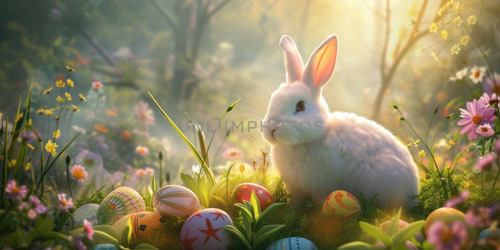 A happy rabbit is surrounded by Easter eggs in the grassy natural landscape AIG42E by biancoblue