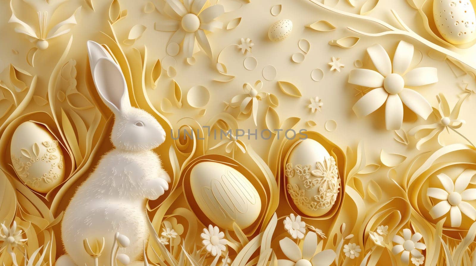 A textile Easter bunny with a paper cut design, surrounded by eggs and flowers on a background. This artistic piece showcases the beauty of rabbits and hares, perfect for the spring event AIG42E