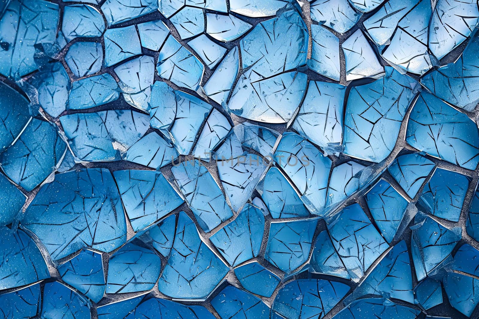 A blue and white image of a cracked surface. The cracks are jagged and the blue is bold and vibrant. The image has a sense of brokenness and fragility