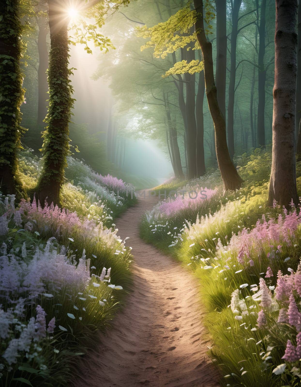 A path through a forest with wildflowers and trees. The flowers are pink and white. The path is lined with trees and the sky is blue. by Matiunina