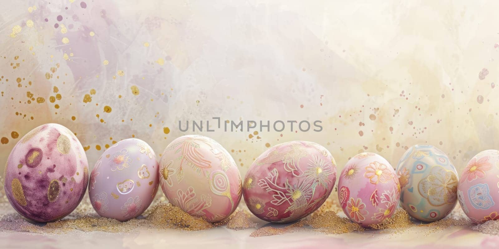 Colorful Easter eggs arranged on white background in artistic display AIG42E by biancoblue