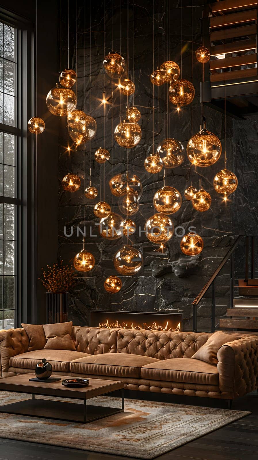 A cozy living room interior design with a wood couch, coffee table, and chandelier. The room is adorned with ornaments, Christmas decorations, and art on the hardwood flooring