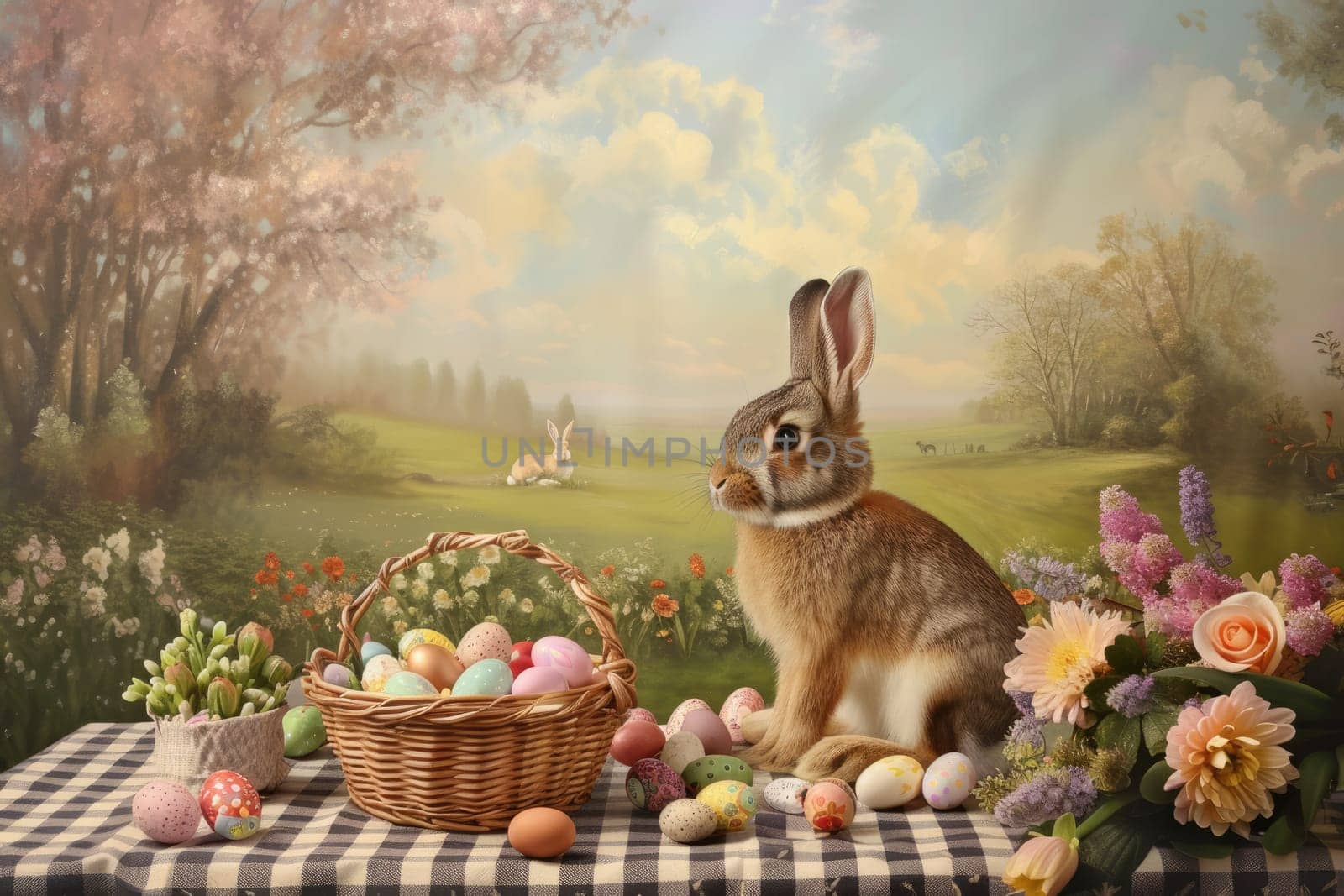 Under the clear blue sky, the rabbit sits on a picnic table surrounded by Easter eggs and lush green grass. The natural beauty of the scene resembles a piece of art in nature AIG42E