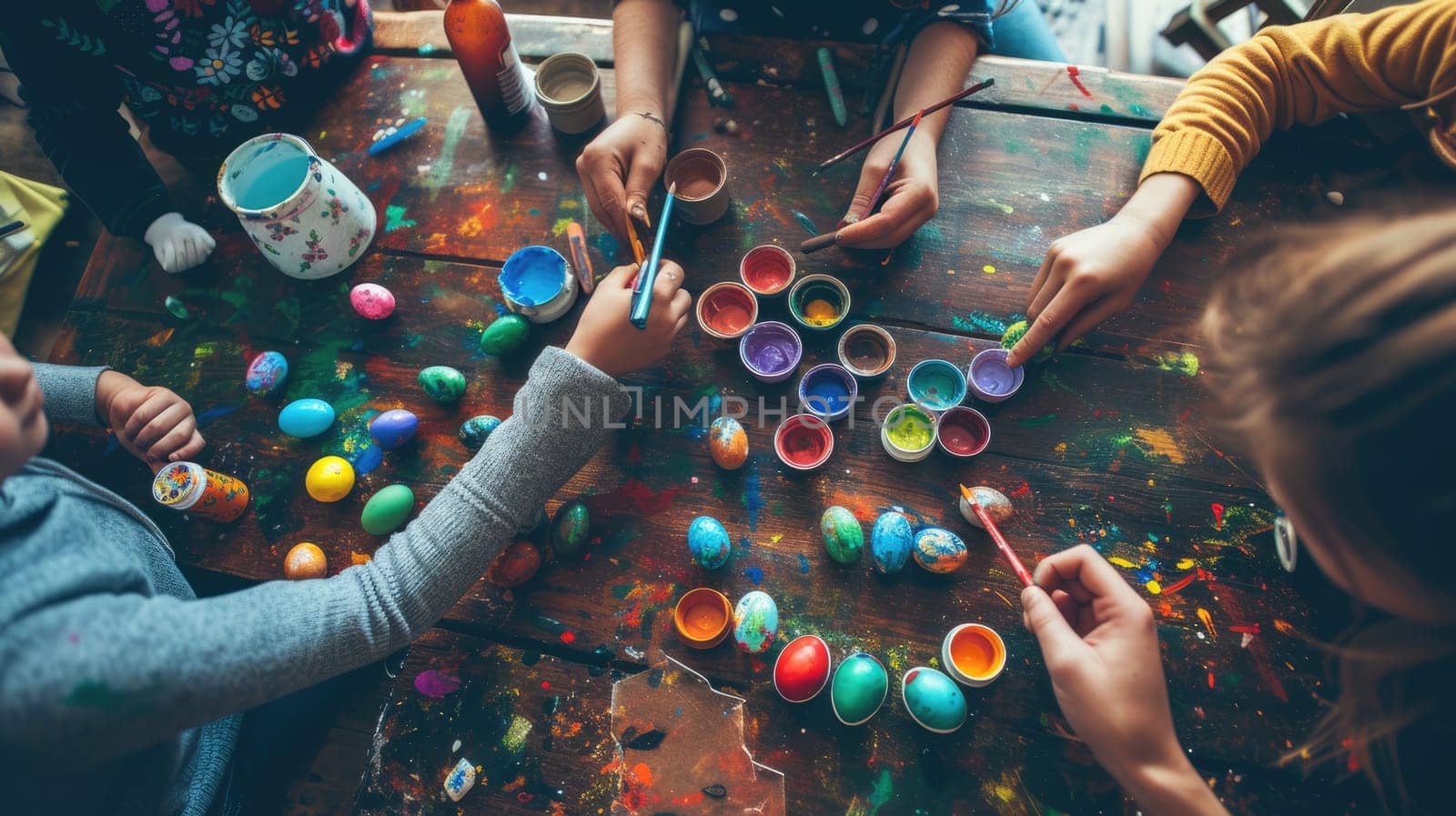 A group of children are gathered around a table, engaging in the leisure activity of decorating Easter eggs. This fun art event combines recreation, visual arts, and play in a circle of excitement AIG42E