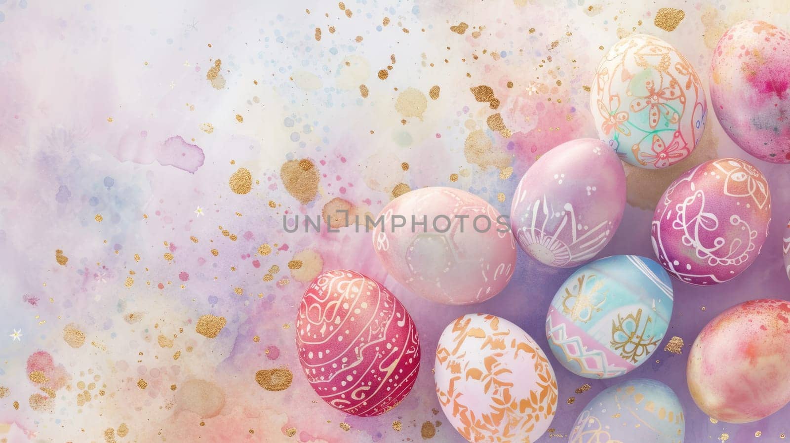 A vibrant display of colorful Easter eggs arranged in a row on a blank canvas, showcasing a beautiful pattern against a stark white background reminiscent of a piece of art AIG42E