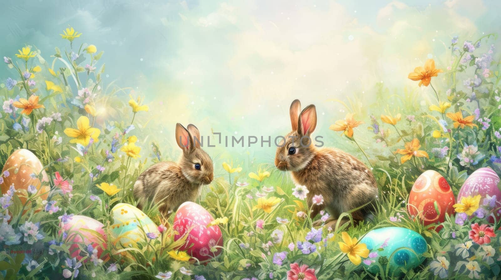 Two rabbits in a field of flowers and Easter eggs on grass AIG42E by biancoblue