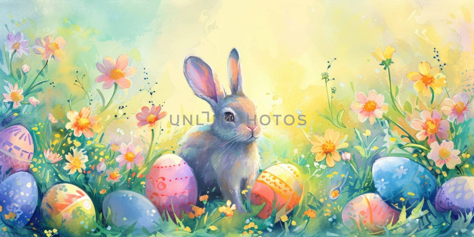 Two rabbits in a field of flowers and Easter eggs on grass AIG42E by biancoblue