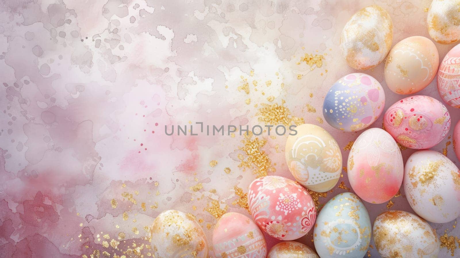 A vibrant display of colorful Easter eggs arranged in a row on a blank canvas, showcasing a beautiful pattern against a stark white background reminiscent of a piece of art AIG42E