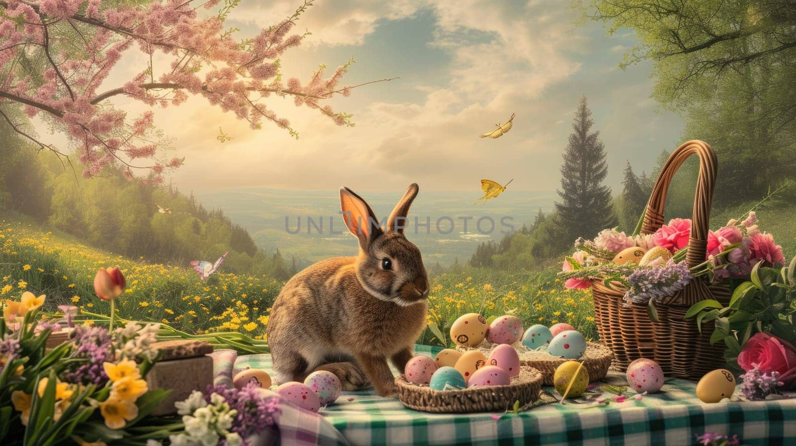 Under the clear blue sky, the rabbit sits on a picnic table surrounded by Easter eggs and lush green grass. The natural beauty of the scene resembles a piece of art in nature AIG42E