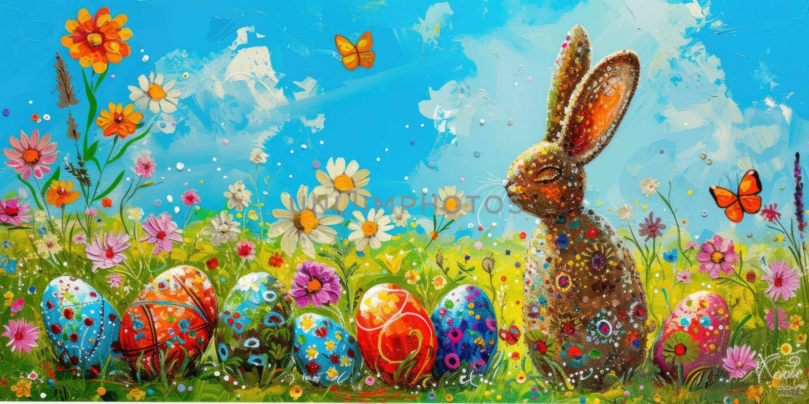 A bunny painting surrounded by Easter eggs and flowers in a natural landscape AIG42E by biancoblue