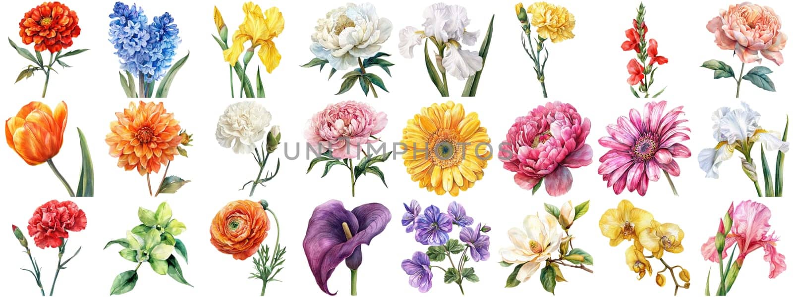 Watercolor flower set isolated background. Various floral collection crisp edges by biancoblue