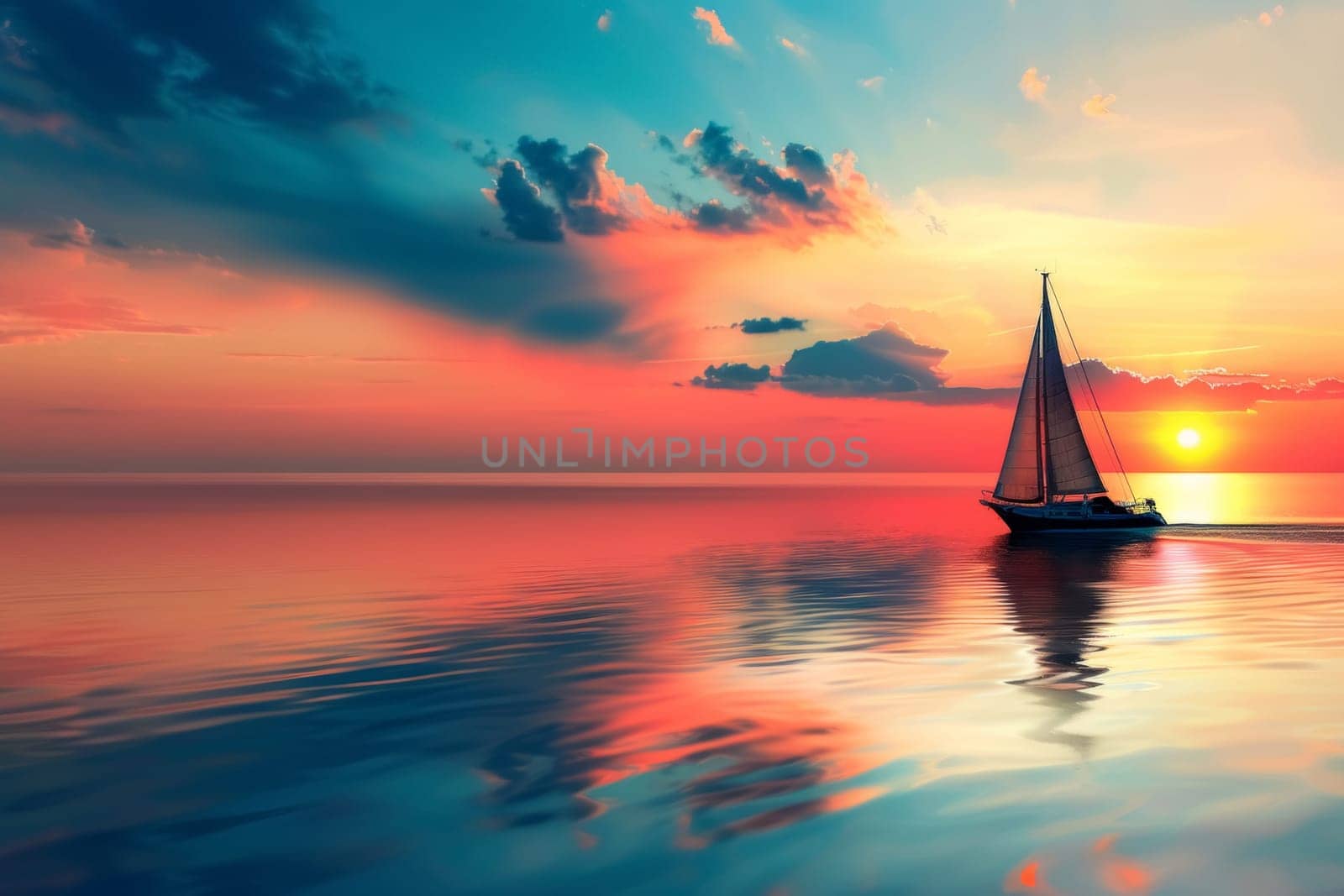 Sailboat sailing at sunset on calm sea. Professional ocean landscape photography. Nautical journey and sailing concept