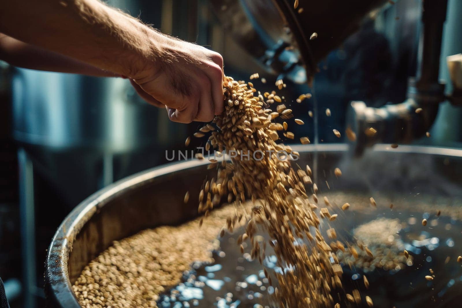 Brewer Pouring Malted Grains for Brewing by andreyz
