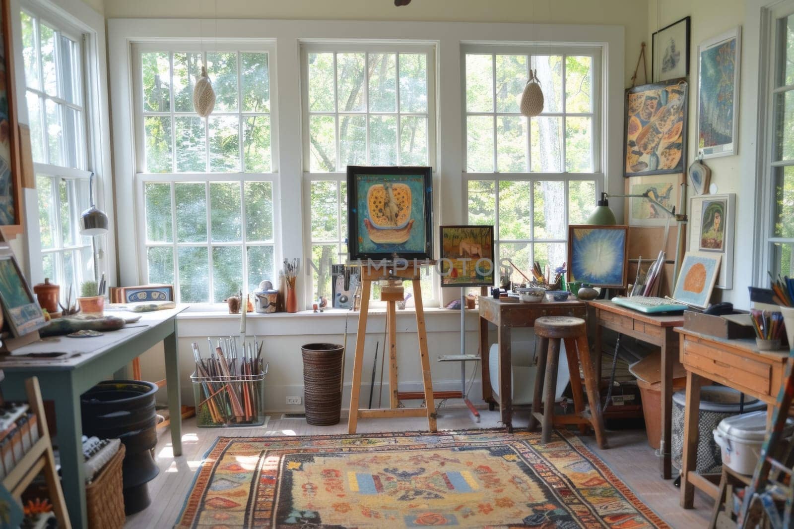 A cozy artist's home studio bathed in sunlight, with a painting in progress, surrounded by books, plants, and personal treasures that inspire creativity