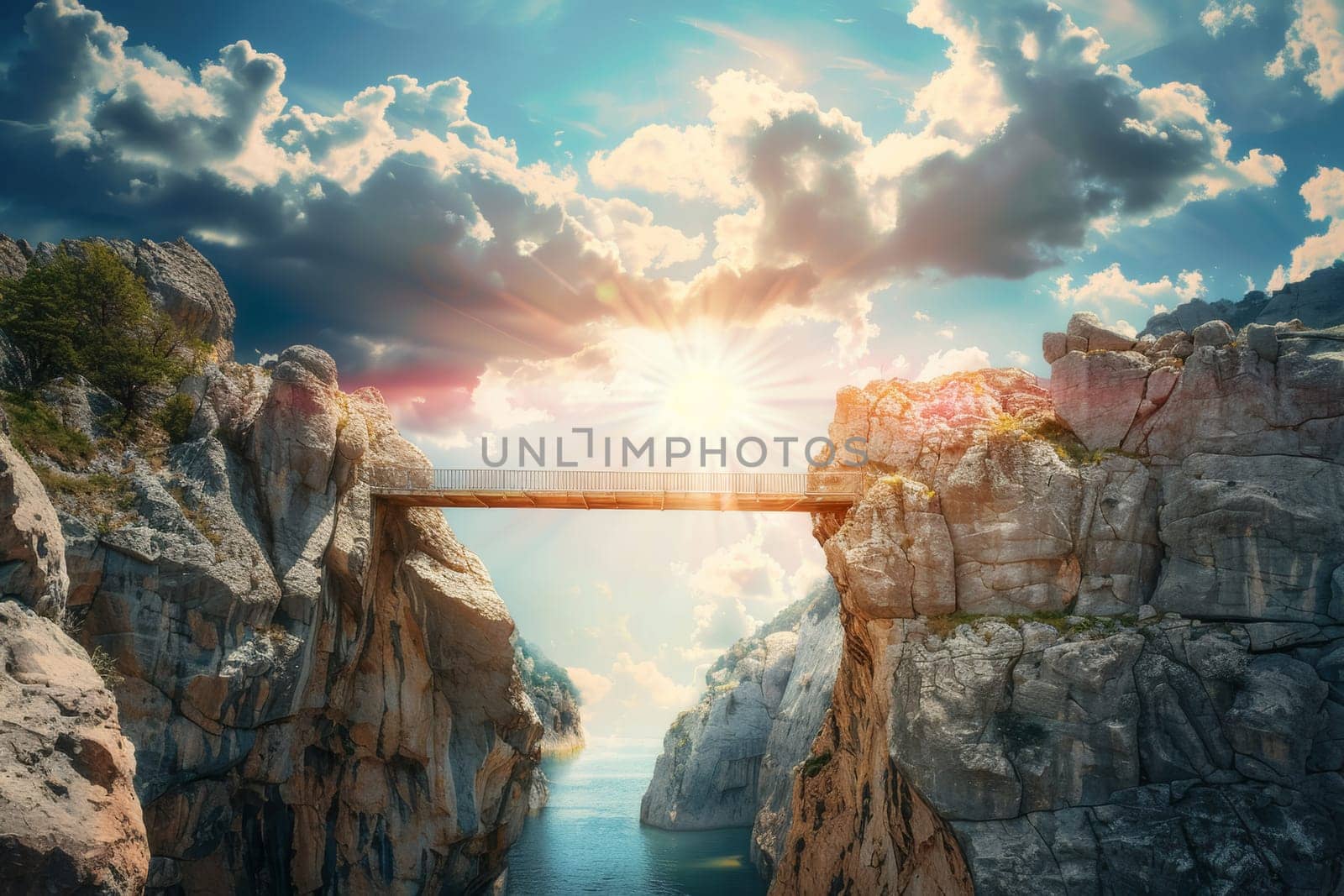 A sturdy bridge arches gracefully between towering cliffs above a serene blue inlet, with a clear sky extending into the horizon.
