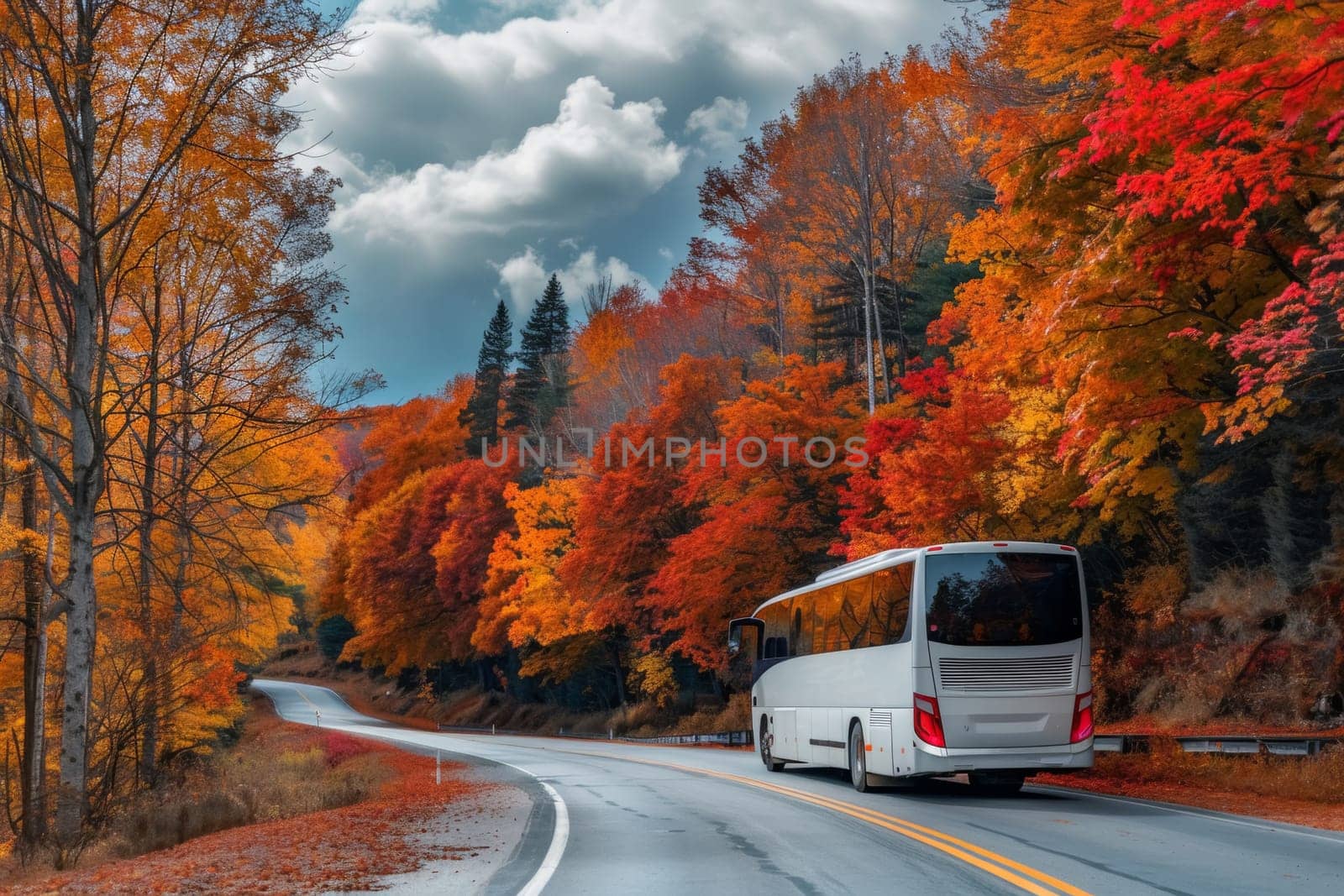 A bus driving on a road flanked by vibrant autumn foliage, a scene of seasonal travel.