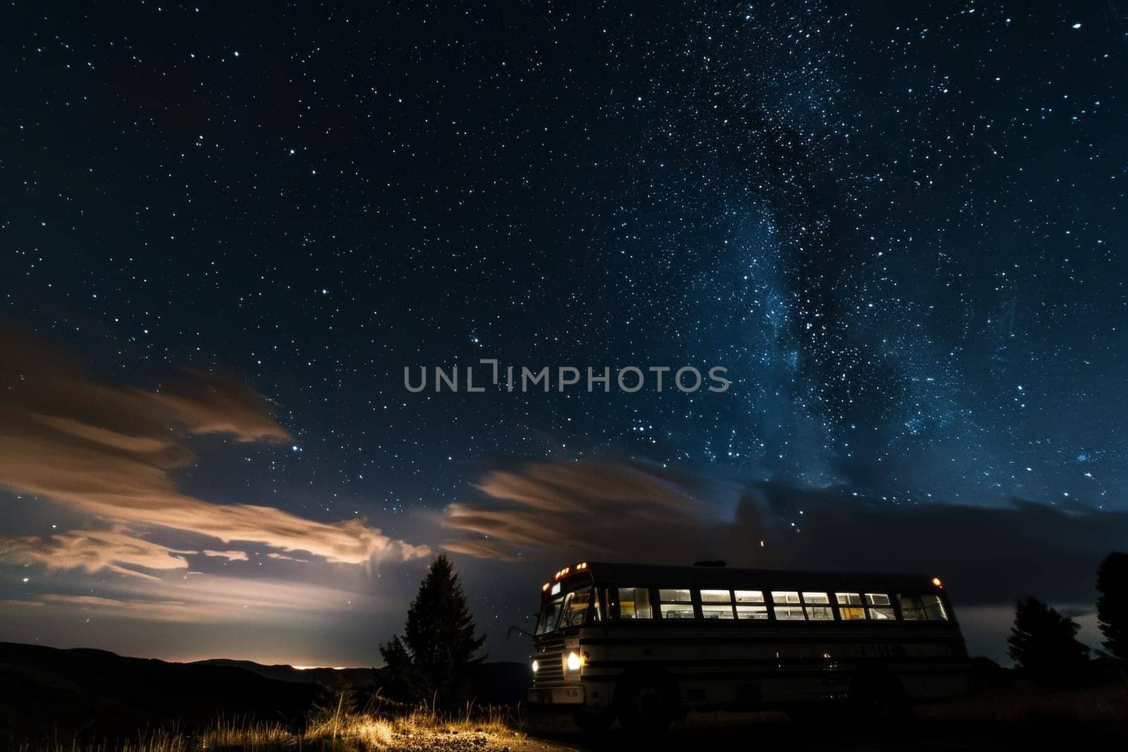 A bus travels through the night under a starlit sky, offering a tranquil nocturnal scene.