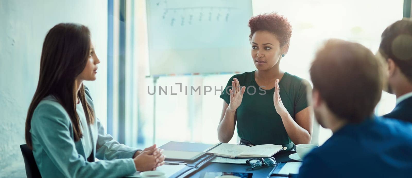Business people, corporate and woman in a meeting, planning and brainstorming with conversation. Staff, professional or coworkers with ideas or collaboration with teamwork and accountant with project.