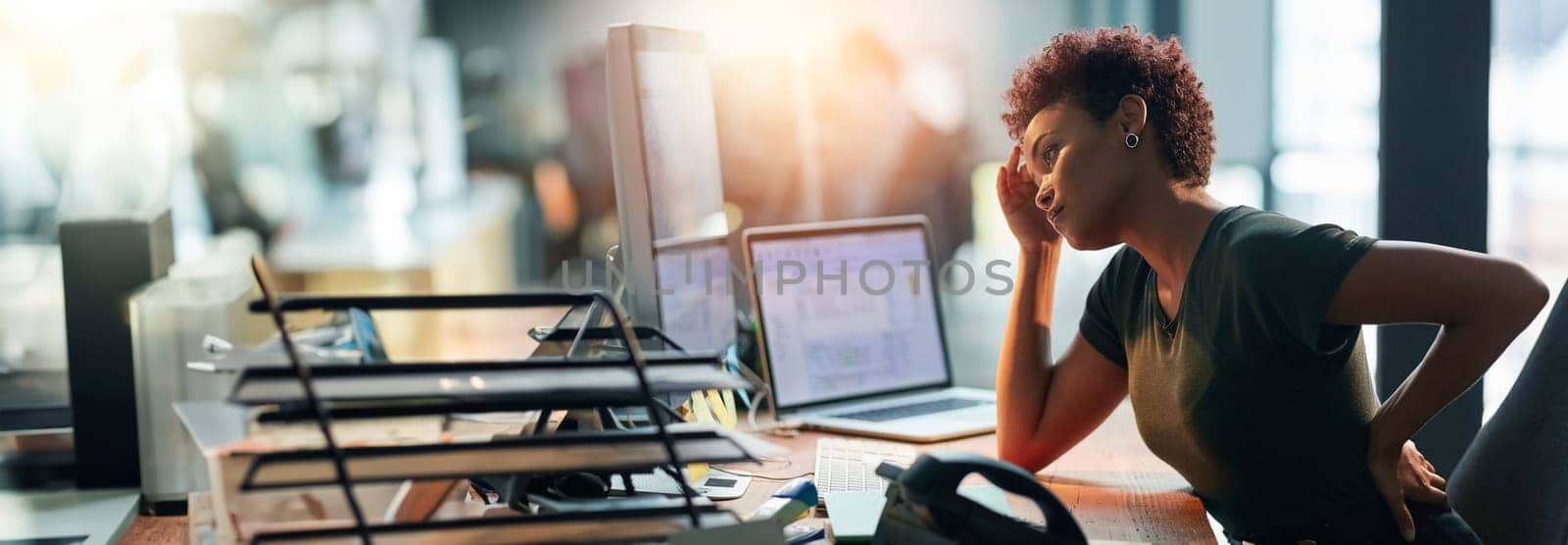 Business woman, stress and back pain on computer for human resources report, confused or fatigue in office. African worker with headache and overworked on desktop for payroll mistake on a banner.