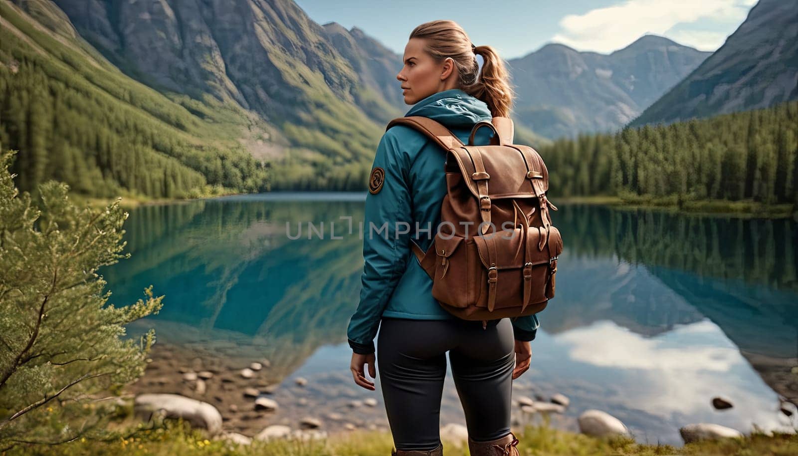 A woman is standing in front of a lake wearing a blue jacket and a brown backpack. Concept of adventure and exploration, as the woman is likely preparing for a hike or a camping trip in the mountains. by Matiunina