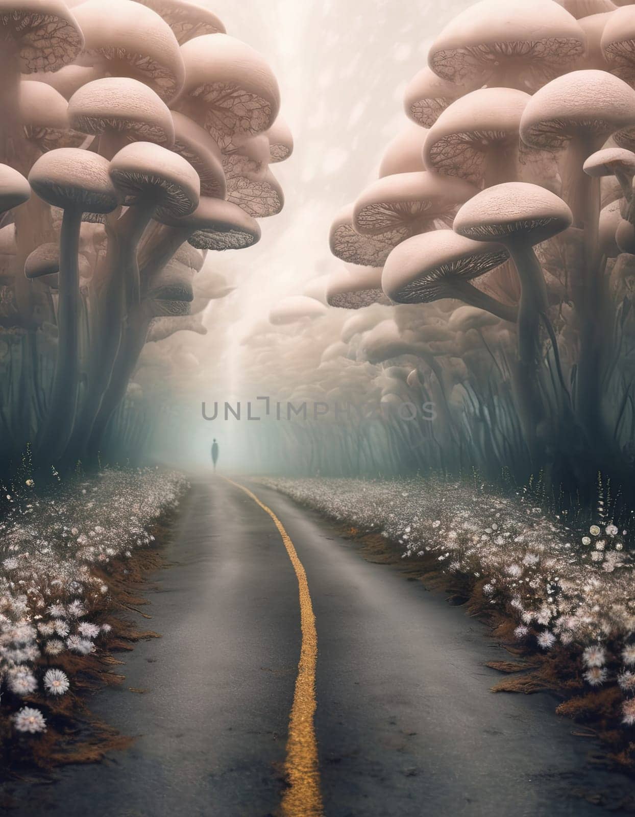A person is walking down a road in a forest with mushrooms. The mushrooms are large and spread out, creating a surreal and dreamlike atmosphere. by Matiunina