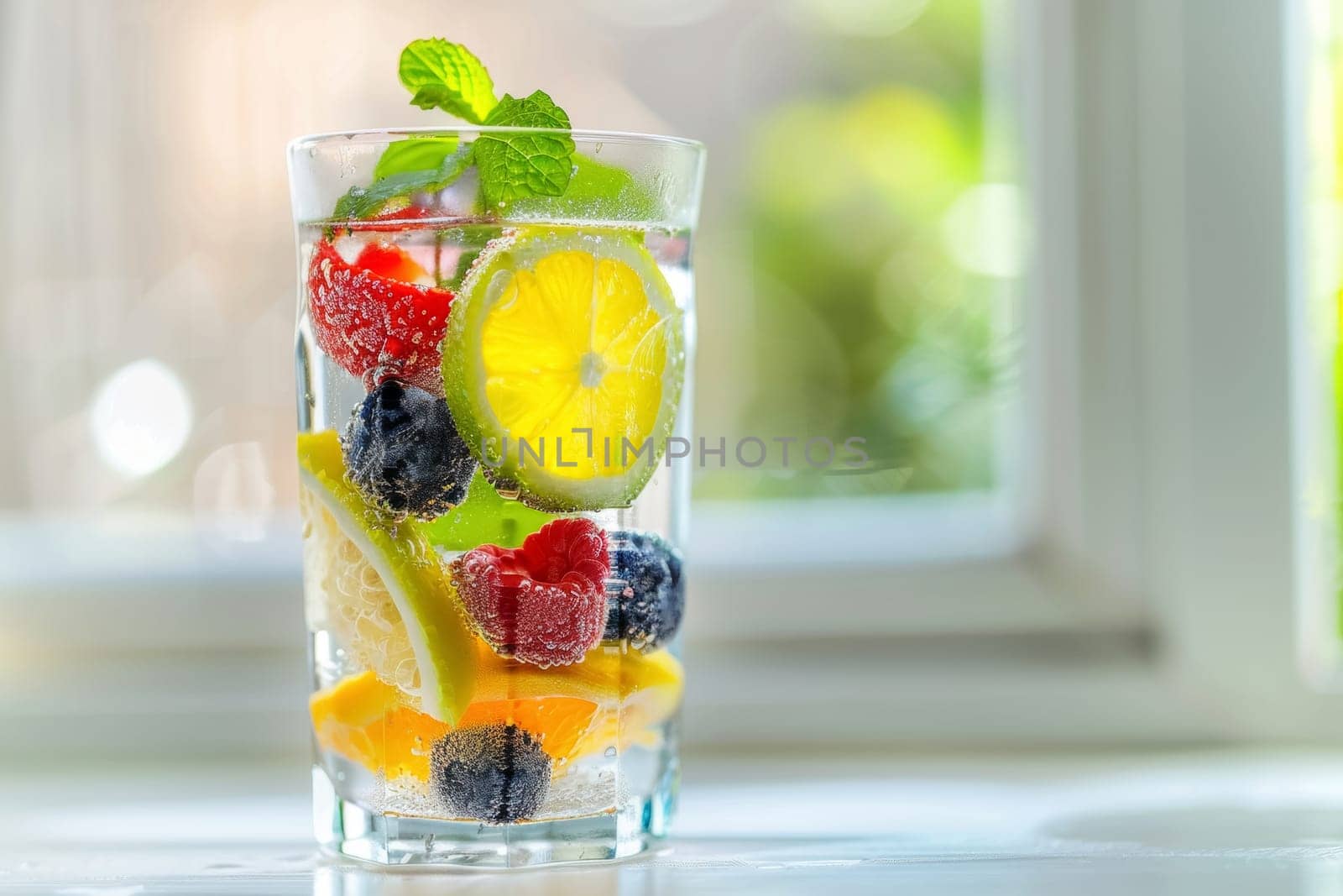 A translucent glass filled with citrus and berry-infused detox water, garnished with fresh mint on a bright day