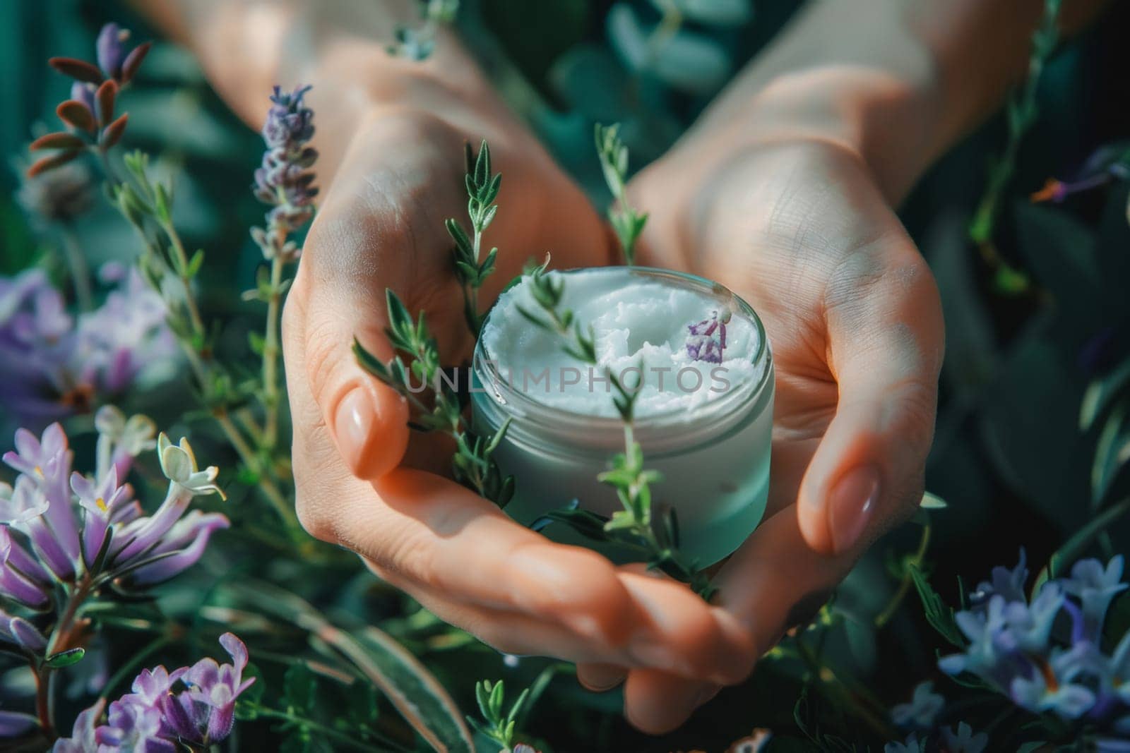 Tender hands cradle a jar of herbal cream among vibrant greenery, evoking themes of natural healing and alternative therapies