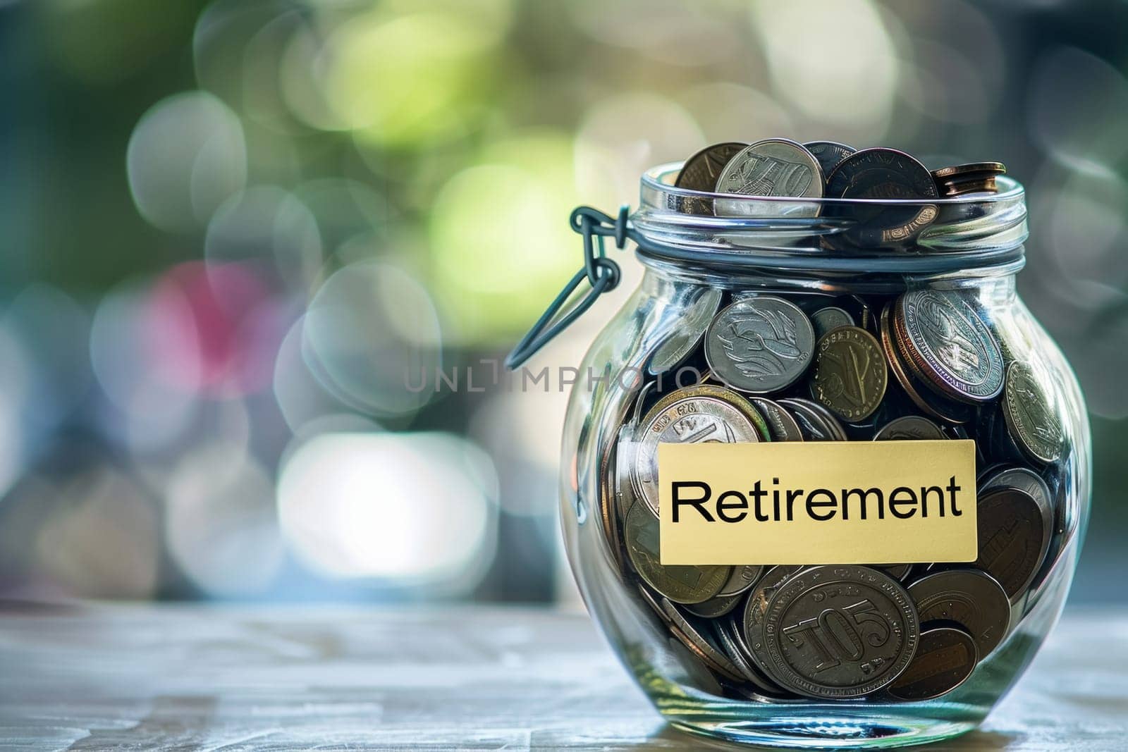 A clear jar labeled 'Retirement', filled with coins, against a blurred green background, representing financial planning