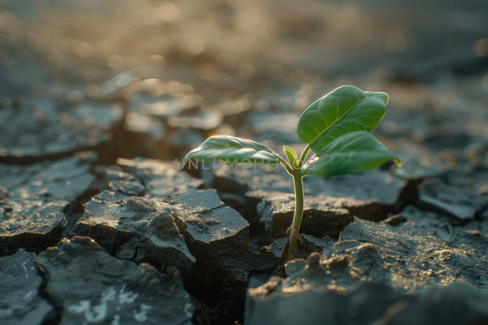 A lone sapling emerges from a web of cracked soil, a testament to life's resilience against the backdrop of environmental hardship