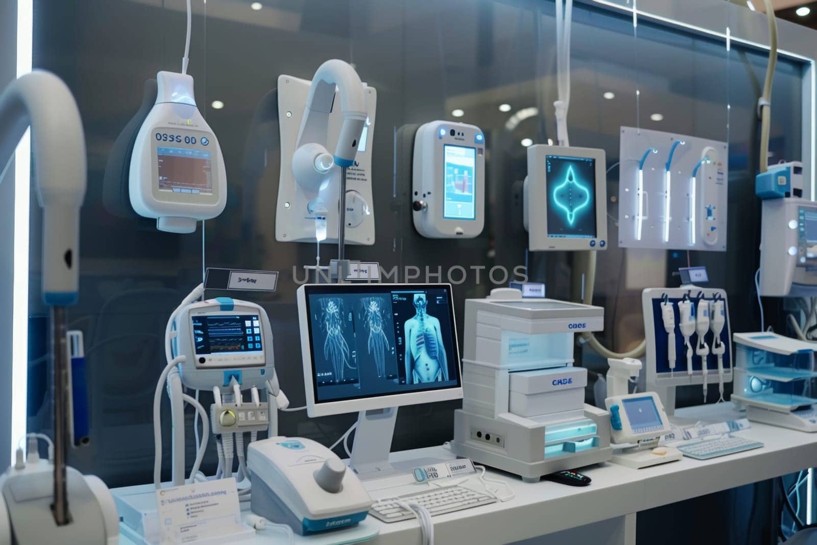 High-tech medical equipment on display with monitors and machines showcasing vital sign metrics in a blurred conference background