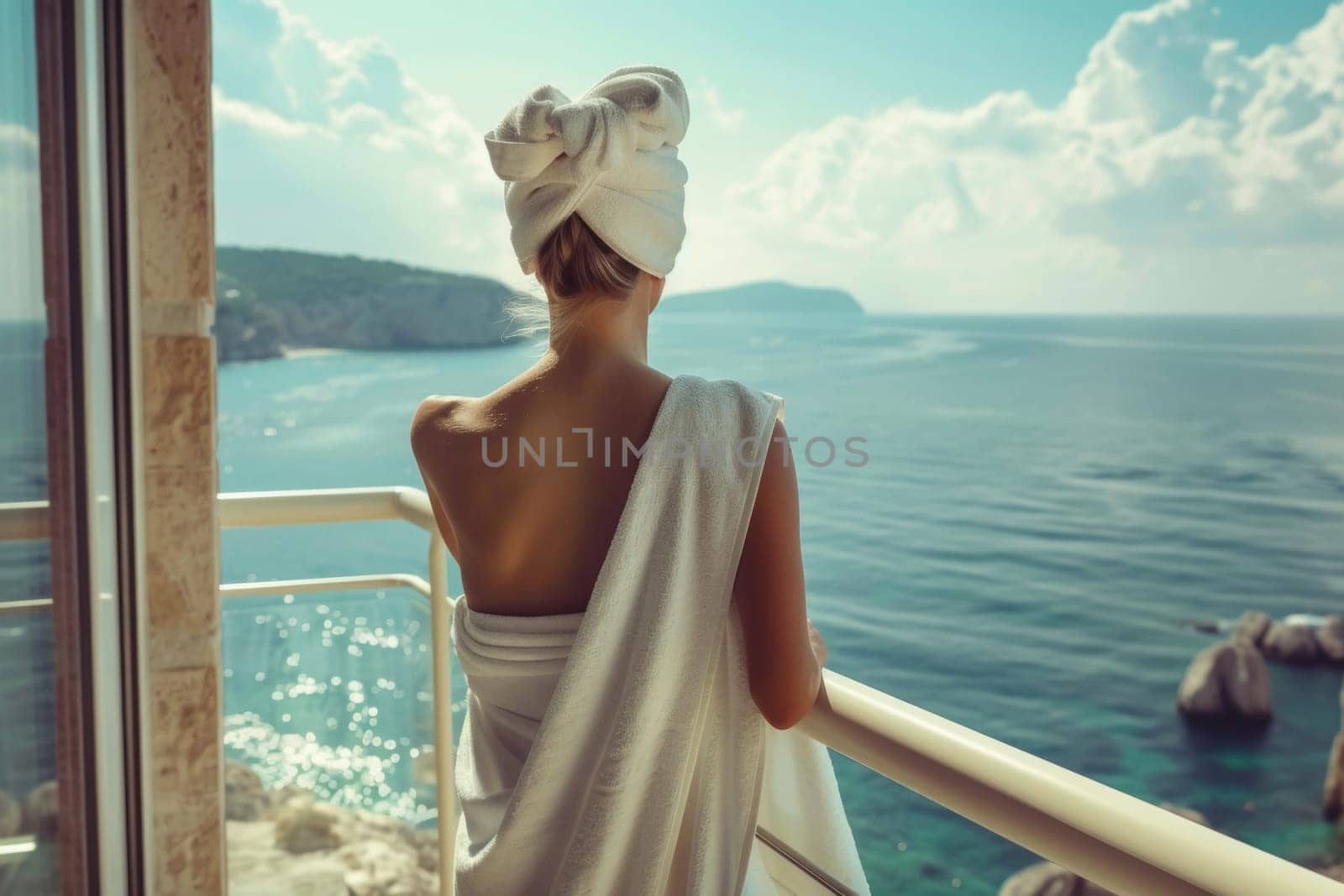 The back view of an individual in a towel, peacefully observing the sunset from a ship's deck, evokes a sense of calm and reflection