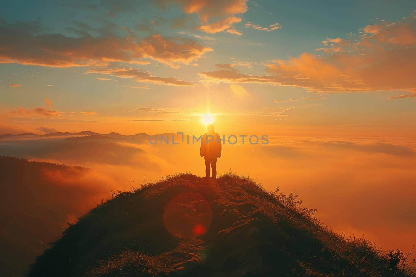 A solitary figure stands atop a hill at sunrise, symbolizing hope and the conquering of challenges