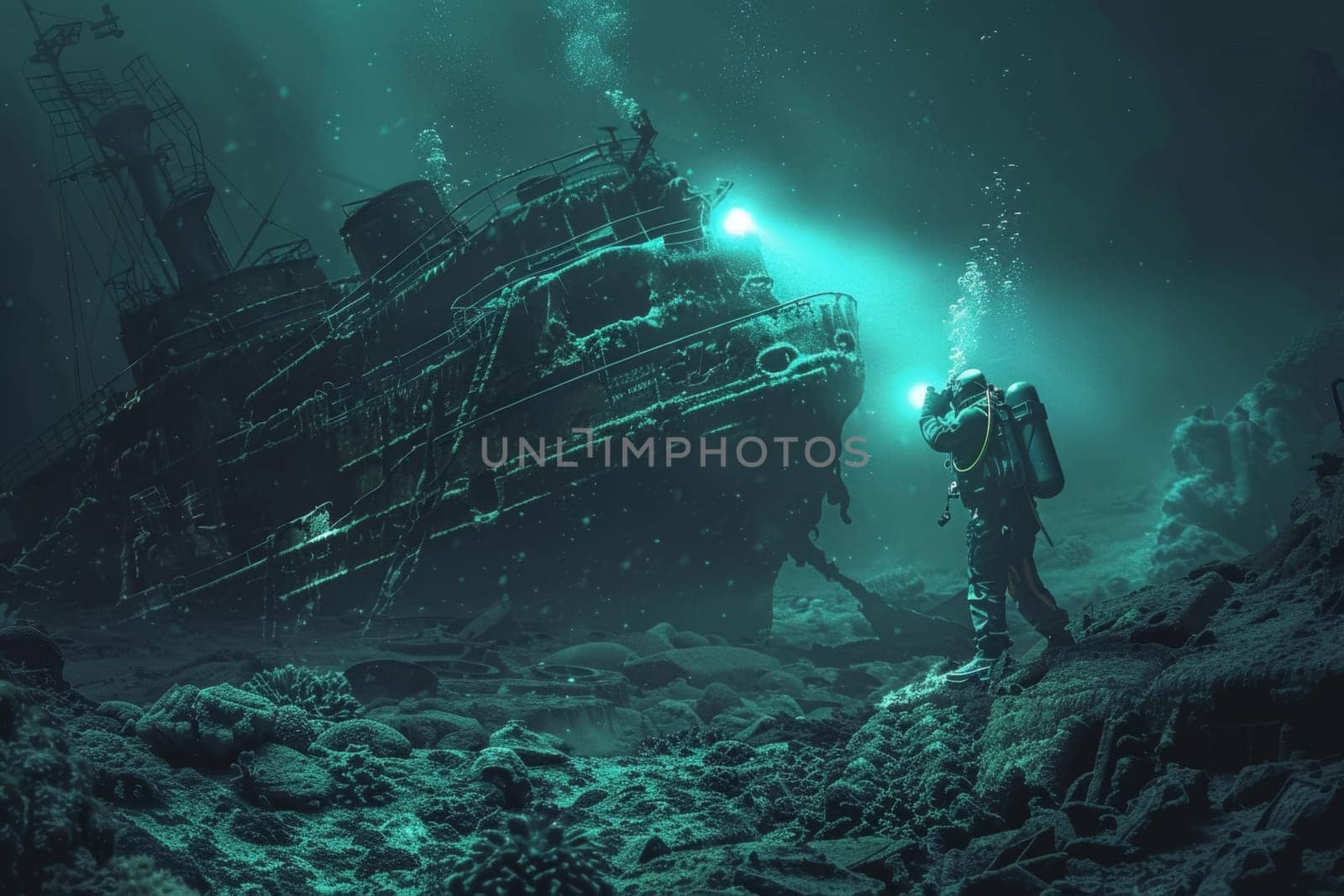 A diver with a flashlight explores the haunting depths of the ocean, casting light on the eerie remains of a sunken shipwreck