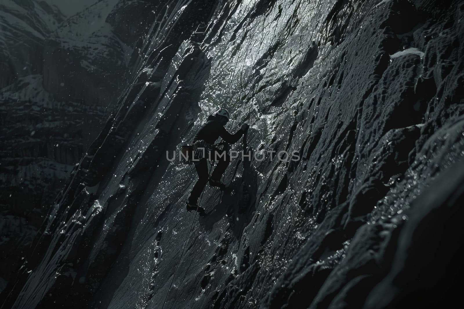 A monochromatic image of a climber using equipment to ascend a steep, icy mountain face