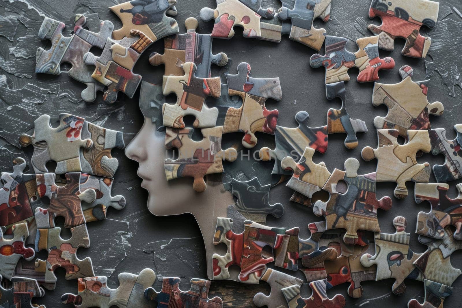 A completed puzzle in the silhouette of a human head with a colorful, abstract design on a dark, cracked background