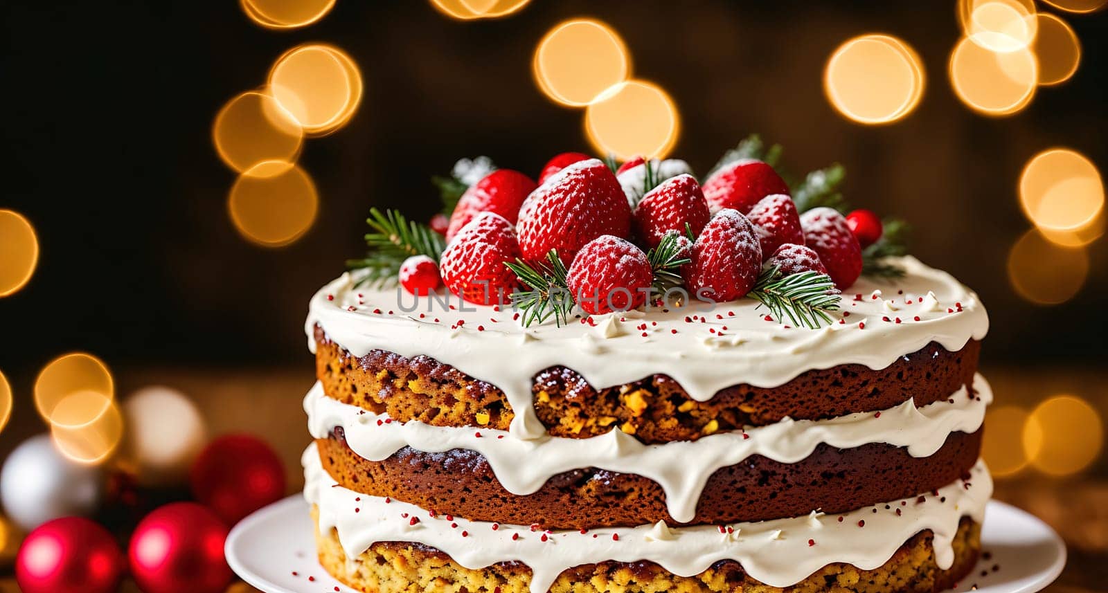 The image shows a delicious looking cake with white frosting and red strawberries on top, sitting on a festive holiday table with candles and decorations.