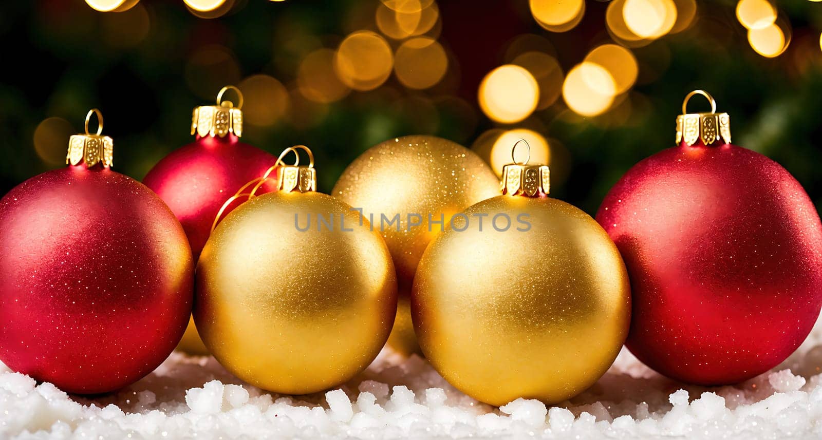 The image shows a group of red, gold, and silver Christmas ornaments hanging from a branch in the snow.