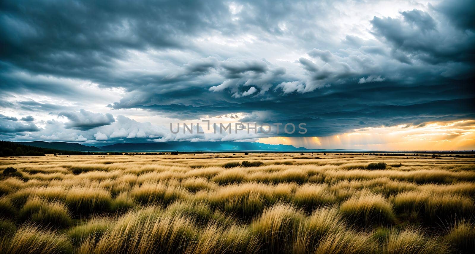 The image shows a barren field with tall grass swaying in the wind under a cloudy sky.