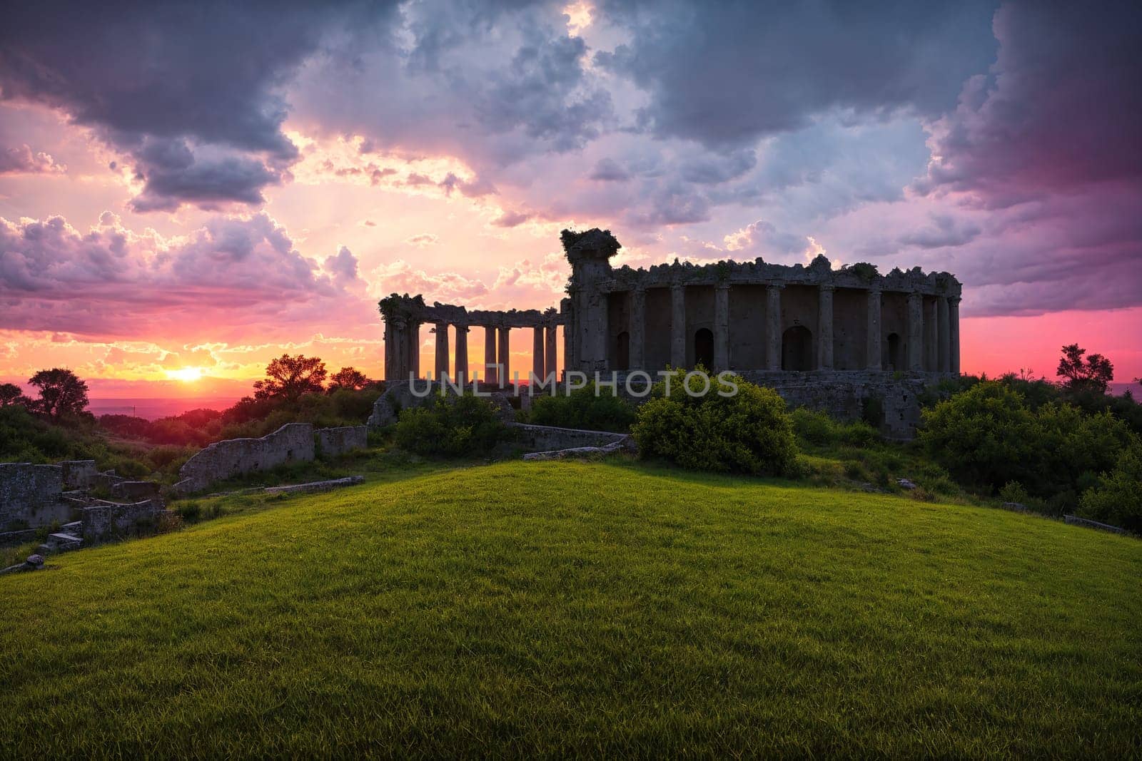 The image shows a large, ancient stone structure with columns and arches at sunset.