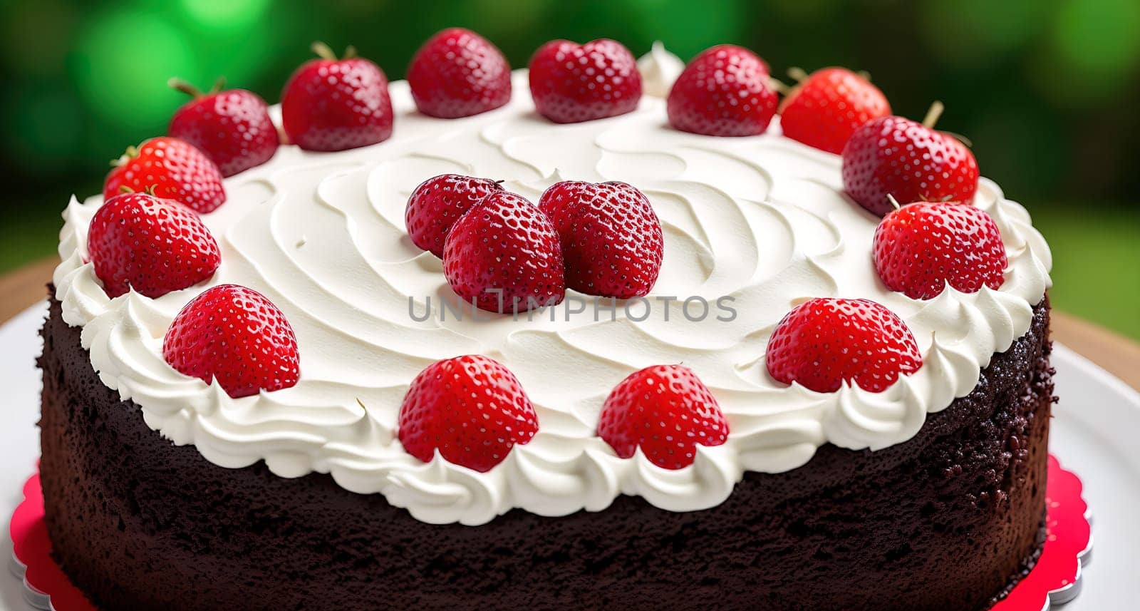 The image shows a delicious chocolate cake with fresh strawberries on top.