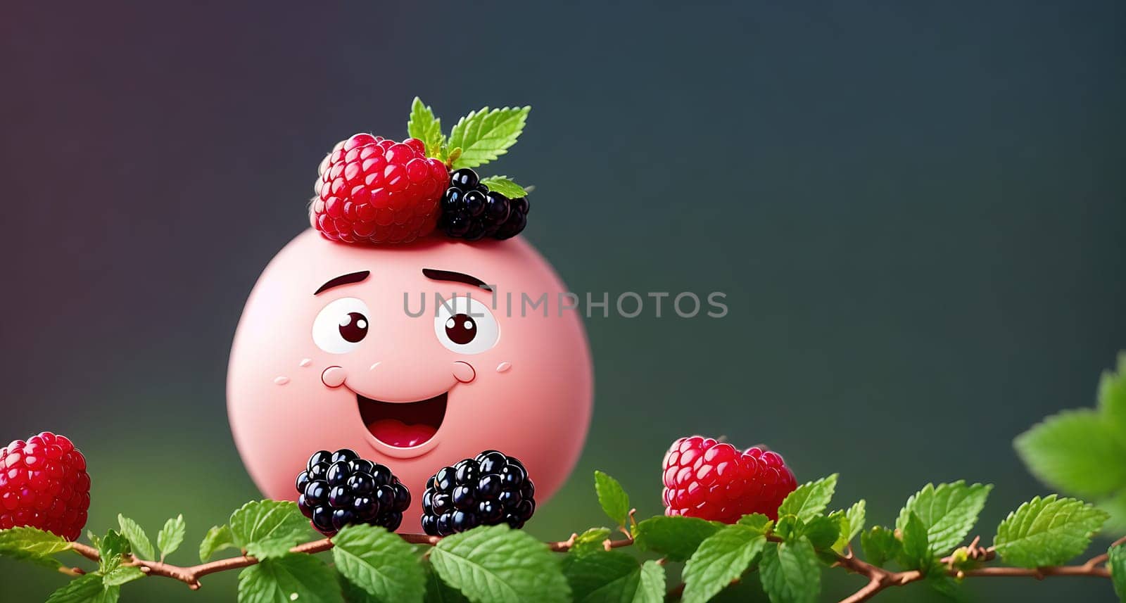 The image shows a cartoon egg with a berry on its head, sitting on a branch with leaves and berries around it.