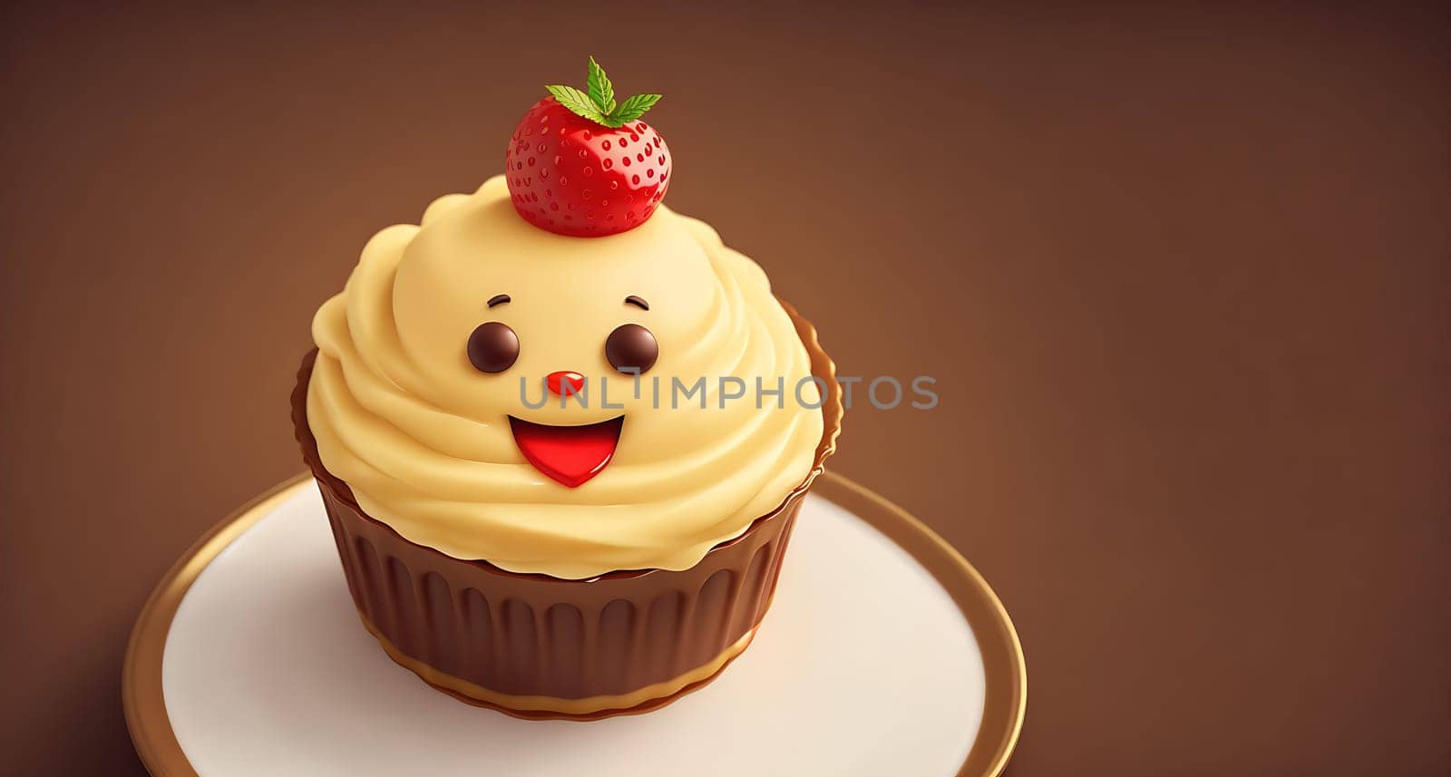 The image is a cupcake with a smiling face made of frosting and topped with a cherry.