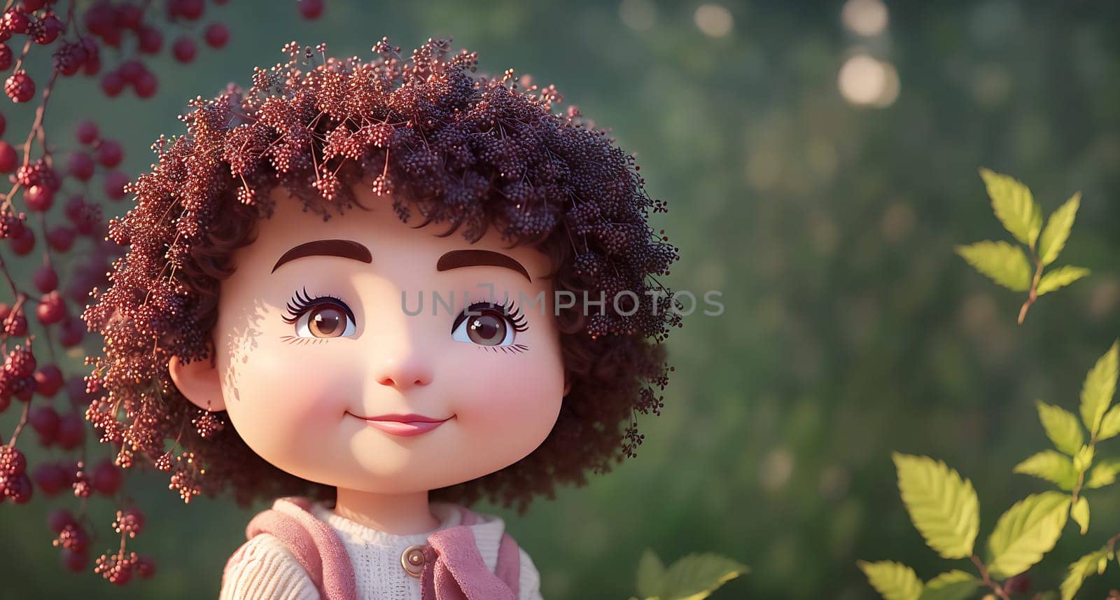 The image shows a young girl with curly brown hair and big brown eyes standing in a field of flowers, looking up at the sky with a smile on her face.