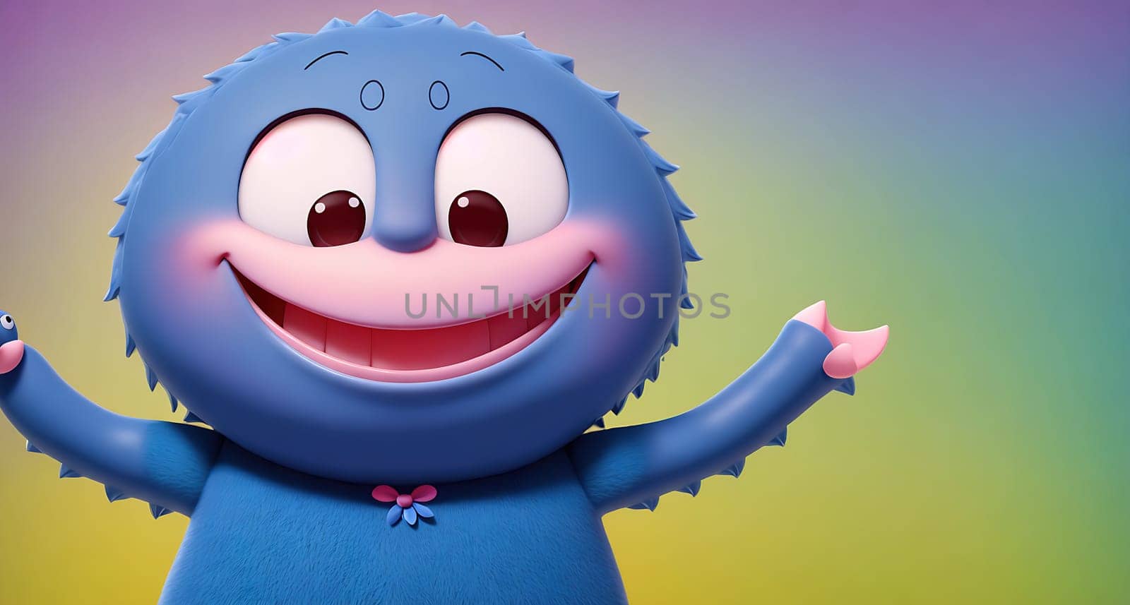 The image is a cartoon character with blue fur, a pink bow on its head, and a smile on its face.