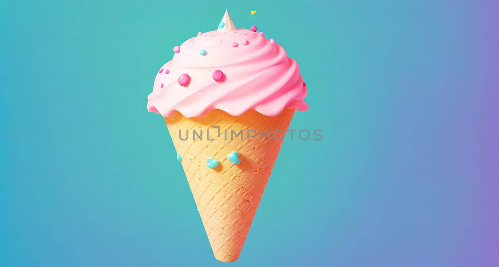 The image is a pink ice cream cone with sprinkles on top.