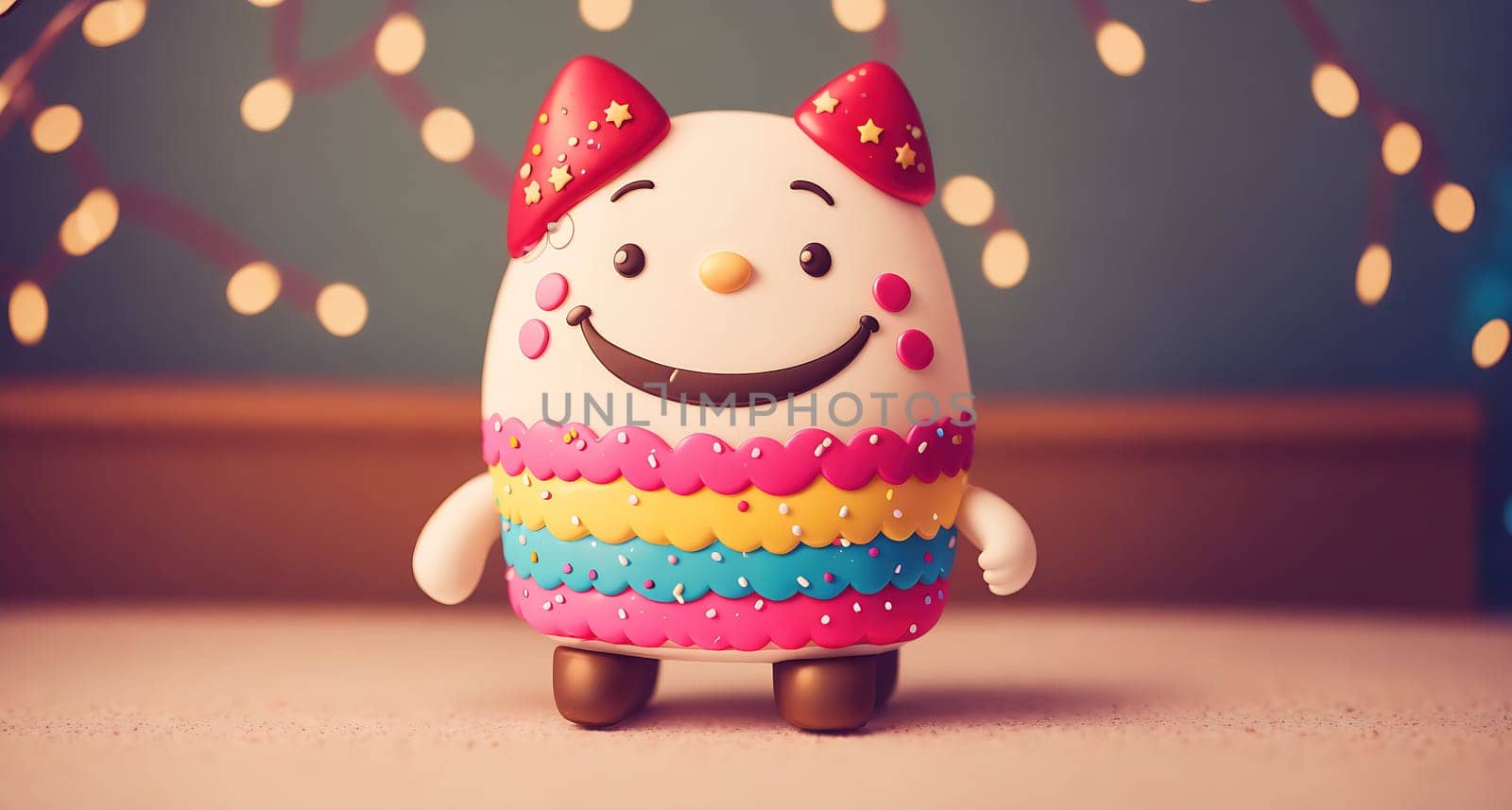 The image is of a cartoon character wearing a pink and white striped outfit with a big smile on its face.