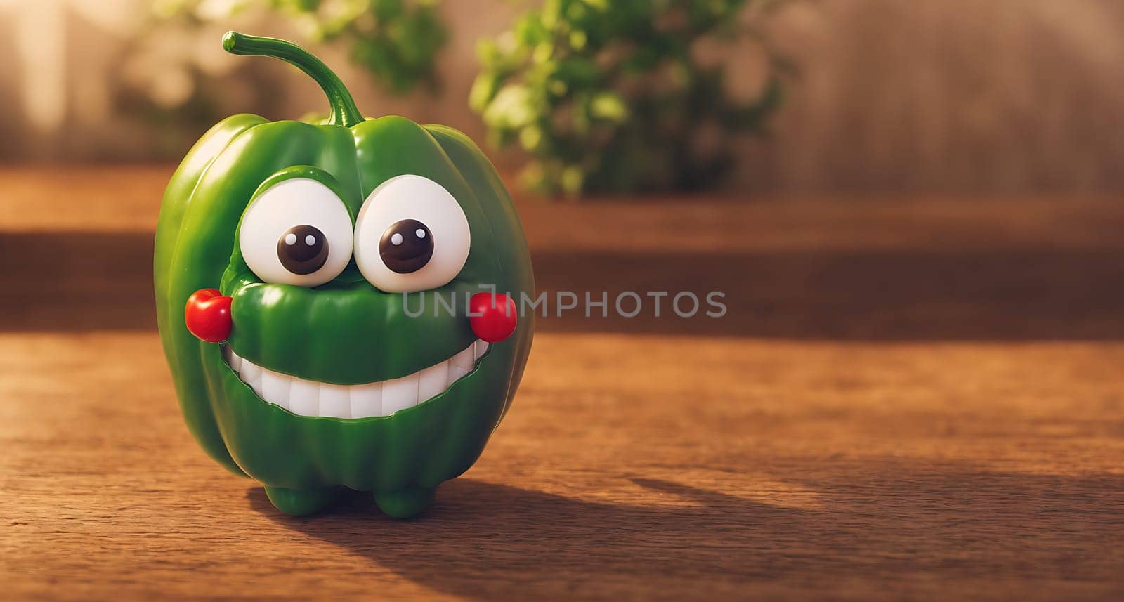 The image is of a green pepper with a smiling face, sitting on a wooden surface.